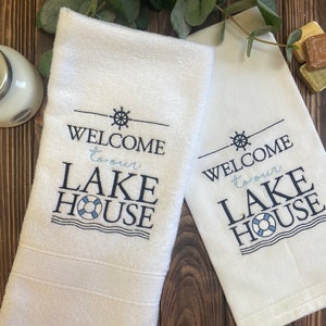 Lake Hand Towel Nautical Themed Towels Navy Blue Kitchen Dishtowels  Lakehouse