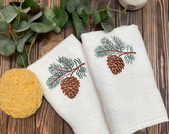Embroidered Pinecone Hand Towel Set: White Cotton Cabin Decor