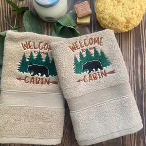Welcome to the Cabin hand towel set, taupe embroidered hand towel set, unique cabin gift, cabin decor, bear themed gift, Hostess gift