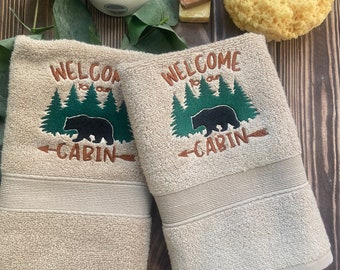 Welcome to the Cabin hand towel set, taupe embroidered hand towel set, unique cabin gift, cabin decor, bear themed gift, Hostess gift