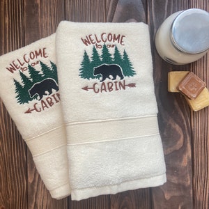 Embroidered Bear Hand Towel Set: Cabin Bathroom Decor
