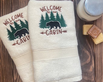 Embroidered Bear Hand Towel Set: Cabin Bathroom Decor