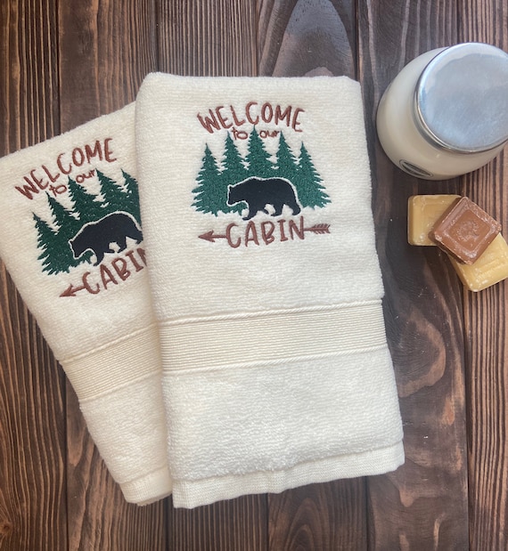 Welcome to the Cabin Ivory Guest Towel Set Embroidered Bear Towels Cabin Themed Gift Cabin Bathroom Decor Monogrammed Hand Towel Etsy