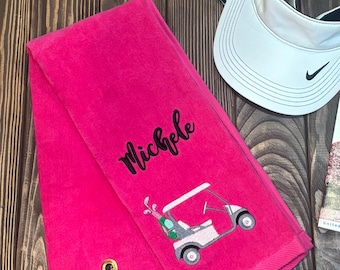 Personalized Pink Golf Towel: Embroidered Golf Cart, Ladies Golfer Gift