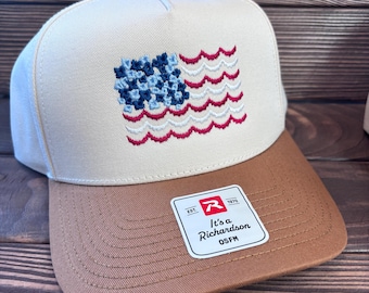 Hydrangea American Flag embroidered trucker hat just in time for summer!
