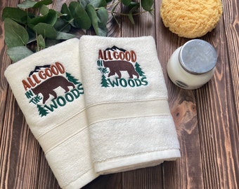 Embroidered Bear Hand Towel Set: Ivory Cabin Decor