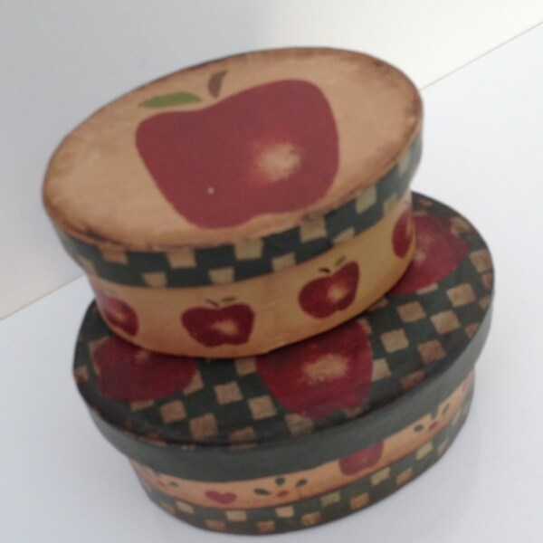 APPLE STENCIL BOXES are a Set of 2 Oval Vintage Folk Art Stenciled Apple Themed Stack Paper Mache Boxes Hand Painted in Deep Green & Red
