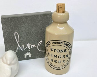 STONE GINGER BEER Bottle is a Decorative 6 3/4" Tall Glazed Pottery Stoneware Bottle w/Black Decorative Lettering on Front and a 1 3/4" Cork