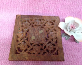 CARVED WOOD TRIVET is a Handcrafted 6" square Decorative Hot Plate Rest w/Inlaid Gold Leaf Design in Center and 4 Ball Feet - Made in India