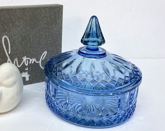 PRINCESS BLUE GLASS Candy Dish with Lid by Indiana Glass Co. in the Discontinued Princess Pattern of Pressed Criss Cross & Vertical Lines