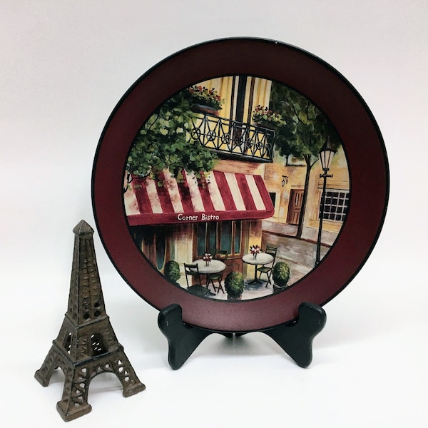 PARISIAN CORNER BISTRO Collectible 10 1/2" Plate is a Decorative Smooth Matte Glazed Ceramic Stoneware featuring a Vintage Sidewalk Café