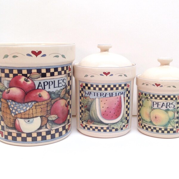 KITCHEN CANISTER SET consists of 3 Glazed Ceramic Stoneware Crocks (2 w/Lids) in Susan Winget's Checkered 'Apples Watermelon Pears' Design