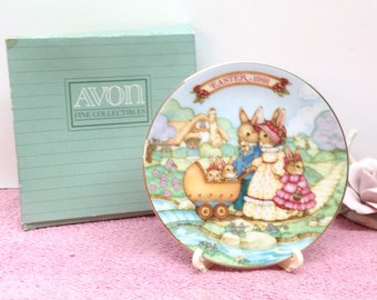 AVON 1991 EASTER PLATE "Springtime Stroll" is a Collectible 5" Glazed White Porcelain Plate Trimmed in 22K Gold Featuring a Bunny Family