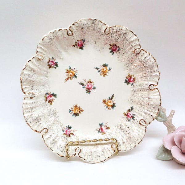 ANTIQUE GERMAN PLATE is an 8" Antiqued Ivory Porcelain Shallow Scalloped Dish of Pink & Yellow Roses w/Gold Verge Trim - Made in Germany