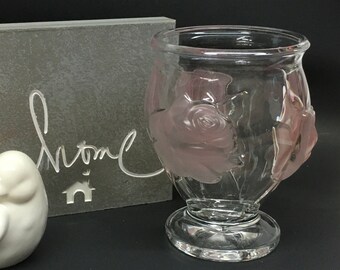 PINK ROSE VASE is a 6" Clear Very Heavy French Glass Pedestal Goblet Design w/Large Raised Relief Pretty Pink Frosted Satin Roses Etched