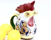 ITALIAN ROOSTER of FORTUNE is an 8.75 quot Glazed Brightly Hand Painted White Ceramic Pitcher w Beak Spout by Boston Warehouse - Free Shipping