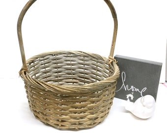 FRENCH MARKET BASKET is a Sturdy 12" Round Woven Gray Willow Market, Country Harvest, Vegetable or Flower Gathering Basket w/high Handle