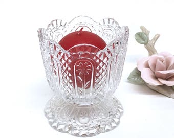 AVON PEDESTAL CANDLEHOLDER is a 4" Clear Pressed Glass Daisy Design w/Original Label "An Exclusive Avon Design by Fostoria"