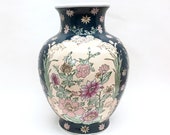 CHINESE 12 quot GINGER JAR Vase is a Glazed Hand-Painted Ceramic Stoneware Urn w Beige 39 Windows 39 of Pink Mauve Flowers against Navy Background
