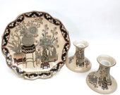 MACAU HAND PAINTED Glazed Ceramic Plate and Candleholders by Toyo includes a Decorative 9 quot Scalloped Display Dish w Matching Candle Holders
