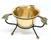 6 quot RAISED BRASS JARDINIERE is a Gold Tone Indian Solid Brass Cachepot in a Black Wrought Iron Stand w Grape Bunch Designs Gold Ball Feet