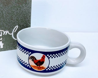 ROOSTER SOUP MUG is a Large Microwavable Milk White Ceramic Stoneware Mug Featuring a Bright Rooster on Front & Back within a Dark Blue Band