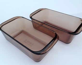 SET of PYREX CORNING Loaf Pans consists of two Amber (smoky brown) 1.5 Liter Oven-Proof 5"x 10"x 3" Loaf Dishes by "Pyrex Corning" Item #213