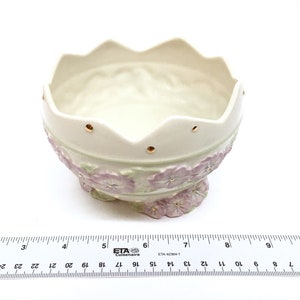 LENOX CANDY DISH is a 5 Round Deep Decorative Porcelain Bowl w/Geometric Rim Design, Raised Relief Pale Lilac Pansies & 24K Gold Beads image 3