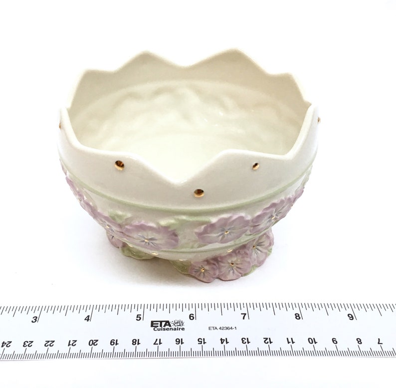 LENOX CANDY DISH is a 5 Round Deep Decorative Porcelain Bowl w/Geometric Rim Design, Raised Relief Pale Lilac Pansies & 24K Gold Beads image 3