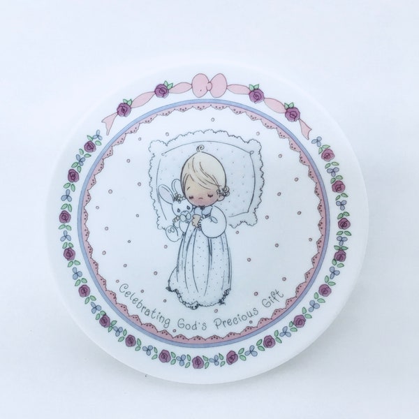PRECIOUS MOMENTS "Celebrating God's Precious Gift" is a 4" Fine Porcelain Display Plate - circa 1990 by Sam Butcher Precious Moments Creator