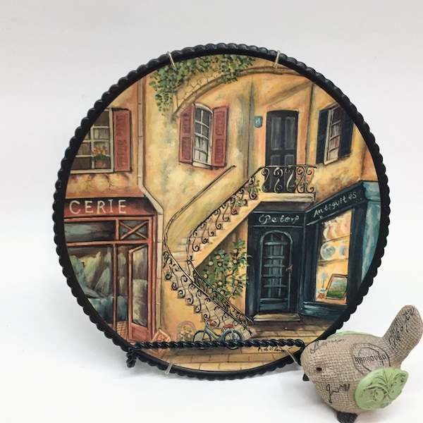 PETER ANTIQUITES Collectible 10" Signed Ceramic Stoneware Plate is the Scene of a French Antique Shop Storefront w/attached Wall Hanger