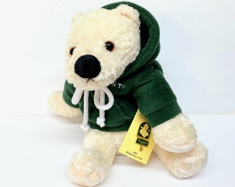 BUDDY 2003 HOLIDAY BEAR & Pin from Department 56 Snowbabies Collection in Cute Green Fleece Hoodie w/White Embroidered Department 56 Emblem