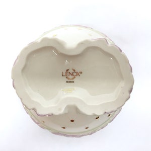 LENOX CANDY DISH is a 5 Round Deep Decorative Porcelain Bowl w/Geometric Rim Design, Raised Relief Pale Lilac Pansies & 24K Gold Beads image 6