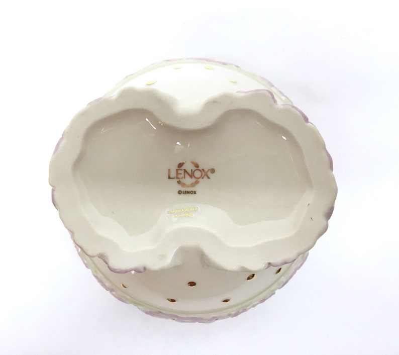 LENOX CANDY DISH is a 5 Round Deep Decorative Porcelain Bowl w/Geometric Rim Design, Raised Relief Pale Lilac Pansies & 24K Gold Beads image 6