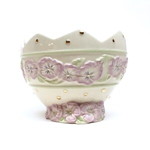 LENOX CANDY DISH is a 5 Round Deep Decorative Porcelain Bowl w/Geometric Rim Design, Raised Relief Pale Lilac Pansies & 24K Gold Beads image 2