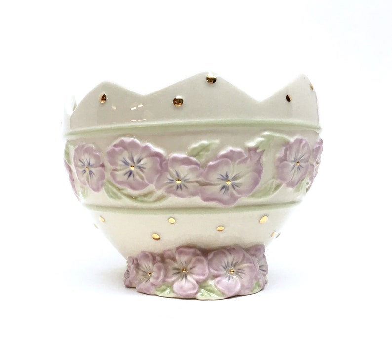 LENOX CANDY DISH is a 5 Round Deep Decorative Porcelain Bowl w/Geometric Rim Design, Raised Relief Pale Lilac Pansies & 24K Gold Beads image 2