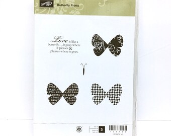BUTTERFLY PRINTS by Stampin Up! is a NEW, Never Used, Retired Set of 5 Red Rubber Cling Stamps in Clear Plastic Storage Case