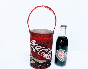 COCA-COLA PURSE is a Handcrafted Bright Red Hand-Beaded 11" high 'Coke Can' Clutch with a Red Satin Lining & Triple Strand Beaded Handle