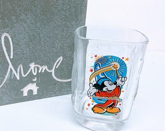 DISNEY MICKEY MOUSE Glass is a McDonald's Promotional 'Walt Disney’s World Celebration' 4 1/2" Epcot Drinking Glass w/Heavy Weighted Bottom