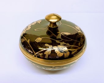 FAVORITE BAVARIA Trinket Box is an Antique Glazed Burgundy Ceramic Porcelain Hand-Painted Bowl and Lid Finished in Heavy Gold Flowers & Trim