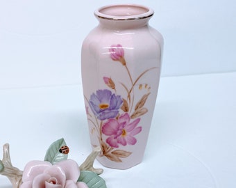 PINK CHINOISERIE VASE is a 6" tall 6-Sided Glazed Ceramic Vase with a Pretty Colorful Floral Design on Front & Thin Gold Trim Around Opening