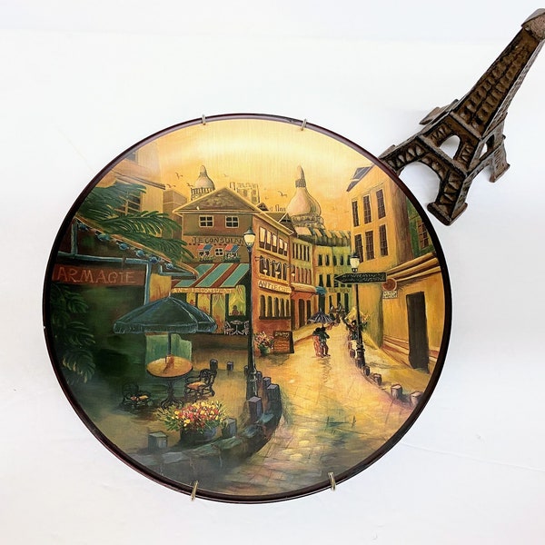 PARISIAN STREET SCENE Art is a Collectible 10" Smooth Matte Glaze Finish Ceramic Stoneware Bowl with an attached Wall Hanger