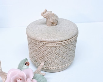 ELEPHANT TRINKET BOX is a Pretty Stoneware with Geometric Cushion-Like Design Circling Deep Bowl and a Raised Relief Elephant Knob on Lid