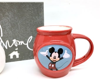 DISNEY CLASSIC 4" Mickey Mouse Mug is a Glazed Cherry Red Ceramic Stoneware Coffee Mug w/Mickey in Blue Oval on Front & Back