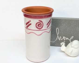 WINE COOLER made in Portugal is an Unused 8 1/2" Terra Cotta Wine Cooler with a Glazed Simple Hand-Painted Mauve on White Design Outside