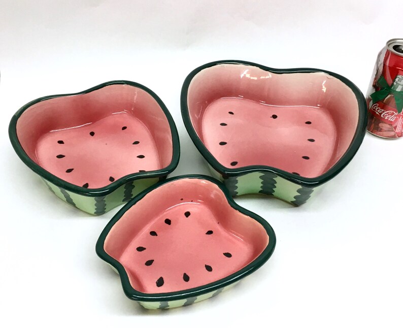 3 NESTING WATERMELON BOWLS are Very Heavy Glazed Deep Pink /& 2-Tone Green Ceramic Stoneware Folk Art Seeded Watermelon Deep Serving Dishes