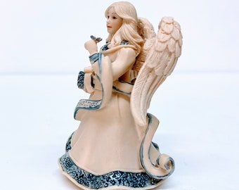 SARAH'S ANGELS' Little Bit of Heaven #07069 by MindSpring is a 3" Matte Ceramic Blonde with Touches of Blue and a Birthday Blessings Banner