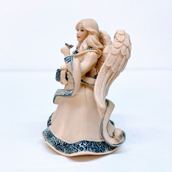 SARAH'S ANGELS' Little Bit of Heaven #07069 by MindSpring is a 3" Matte Ceramic Blonde with Touches of Blue and a Birthday Blessings Banner