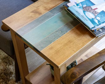 Hardwood Side Table: "The Belle" with Blues - Modern Farmhouse Bedside Table and Shelf, Nightstand