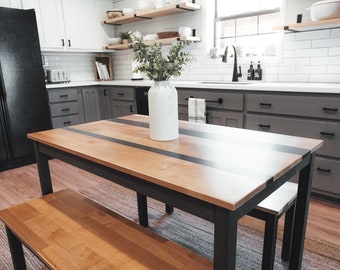 Solid Wood Dining Table | "The Hannah" | Farmhouse Kitchen Table Set with Stools or Benches | Sustainably Sourced North American Hardwood